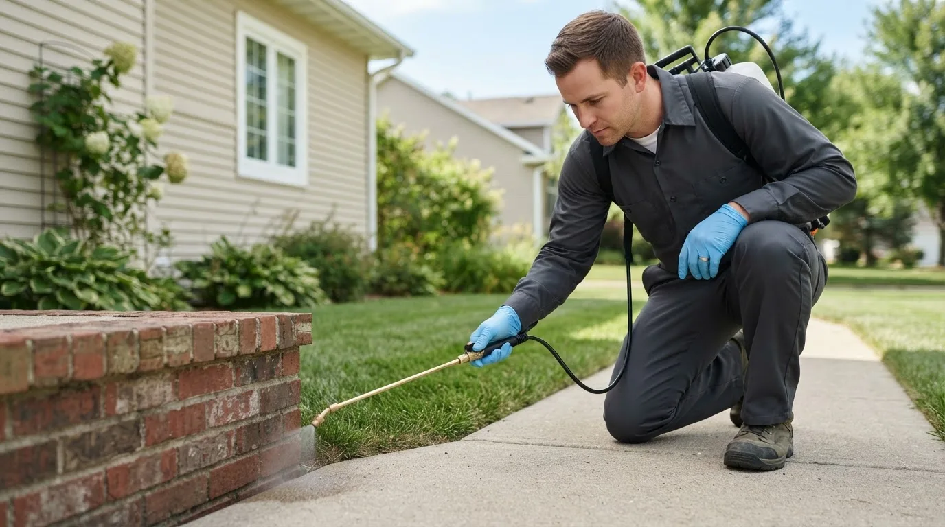 Pest control technician treating a home near Hebron, ND