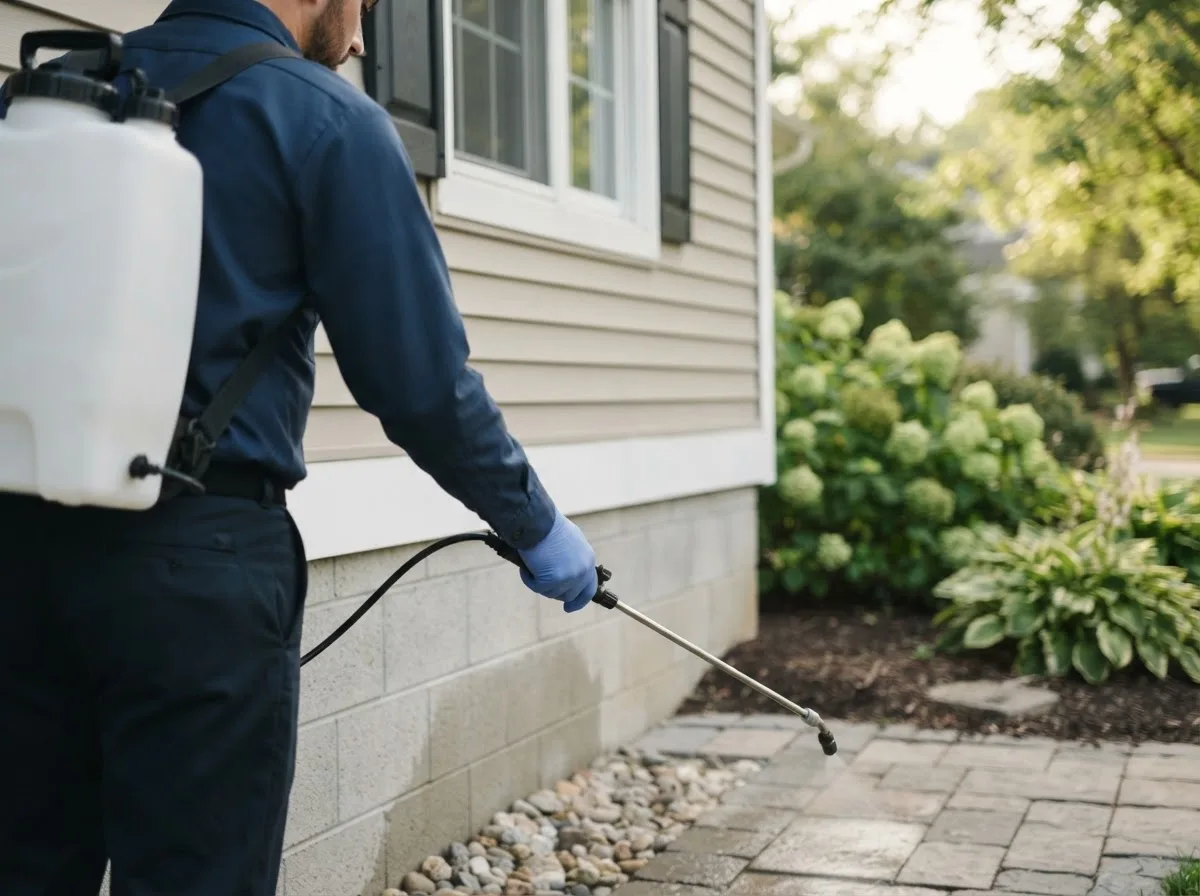Pest control technician inspecting a home in Hebron, ND